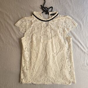 White House Black Market Lace Cap Sleeve Lace Bow Neck Shirt S - Coquette